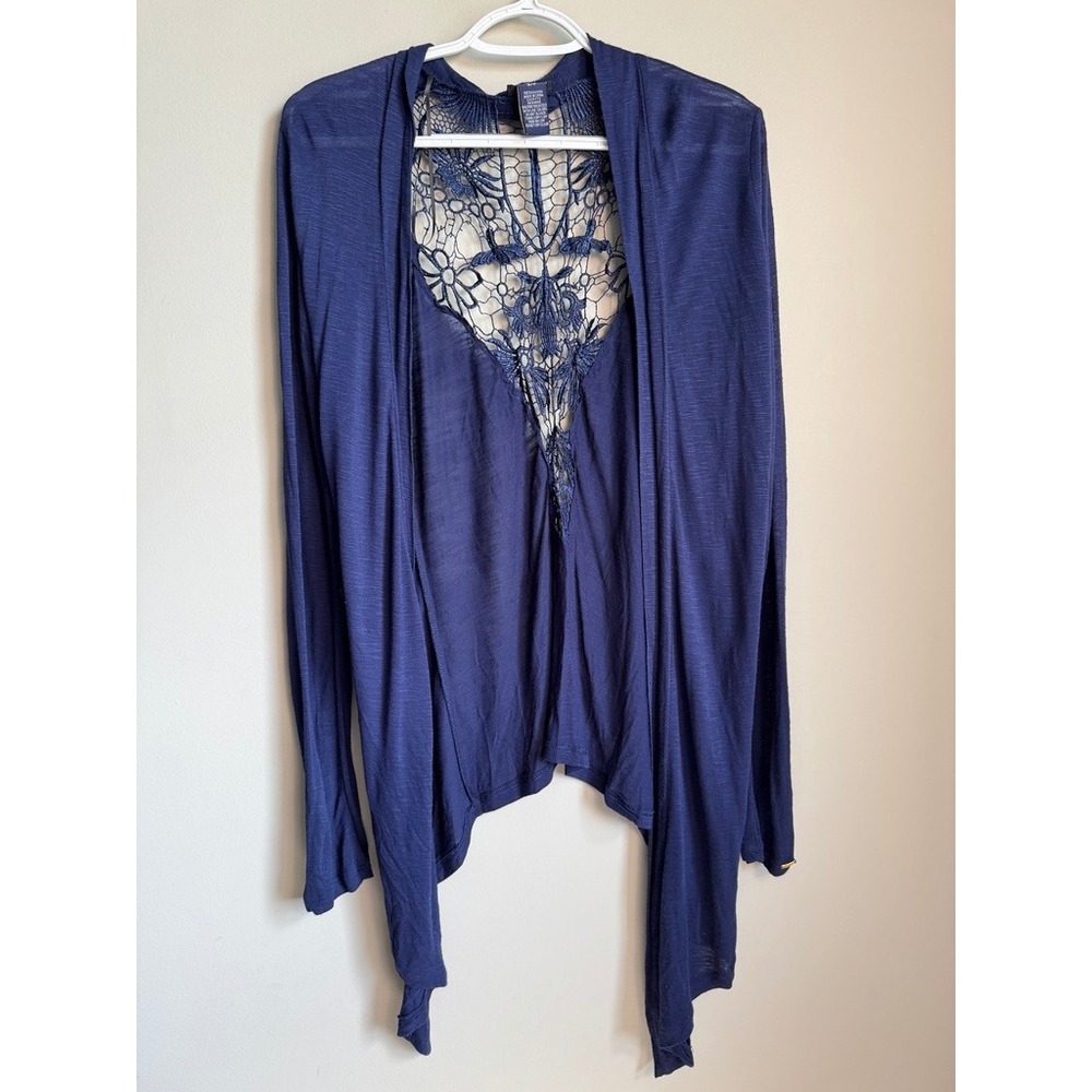 DEX Fresh Open Front Cardigan Womens S Navy Purple Boho Crochet Back Lace Drape